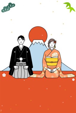 2024 yılbaşı kartı, Kimono Dağı 'ndaki kadın ve erkek. Yılın ilk günü Fuji ve Gündoğumu, Vektör İllüstrasyonu