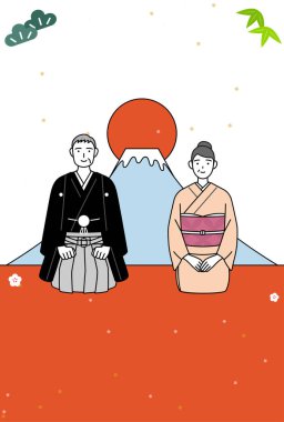 2024 yılbaşı kartı, orta yaşlı kadın ve erkek kimonolu, Mt. Fuji ve yılın ilk gün doğumu, Vektör İllüstrasyonu