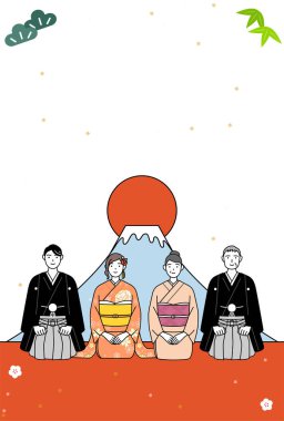 2024 yılbaşı kartı, kimonolu bir aile, Mt. Fuji ve yılın ilk gün doğumu, Vektör İllüstrasyonu