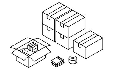 Kiralık bir oda bulmak: taşınmaya hazırlanmak, basit izometrik, siyah beyaz, Vektör İllüstrasyonu