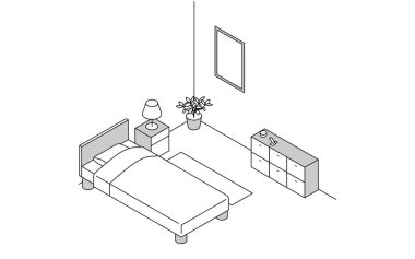 Kiralık bir oda bulmak: yatak odası, yatak odası ve yatak odası aydınlatmalı basit izometrik, Vektör İllüzyonu