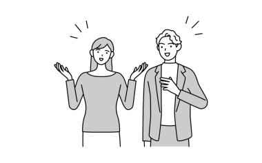 İngilizce konuşma, Japon kadın beyaz bir adamla İngilizce konuşuyor, Vector Illustration.