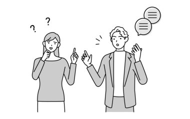 İngilizce konuşma, beyaz adamın İngilizce telaffuzunu anlamayan Japon kadın, Vektör İllüzyonu