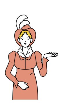 İngilizce sohbet, 19. yüzyıl aristokrat görünüşlü kadın klasik İngilizce yardım istiyor, Vector Illustration