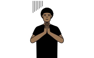 Afro-Amerikalı adam ellerini vücudunun önüne koyup özür diliyor, Vector Illustration.