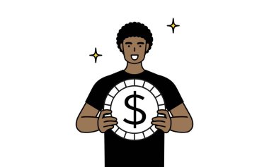 Döviz kazancı ve dolar takdiri resimleriyle Afro-Amerikalı bir adam, Vektör İllüstrasyonu