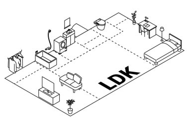 Yer planı resmi taşınıyor, 2LDK, basit çizgi çizimleri ile izometrik illüstrasyon, Vektör İllüstrasyonu
