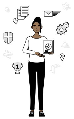 DX 'in görüntüsü, Afro-Amerikan kadın dijital teknolojiyi işini geliştirmek için kullanıyor, Vector Illustration