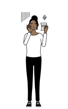 Afro-Amerikalı kadın banka defterine bakıyor ve depresyonda, Vector Illustration