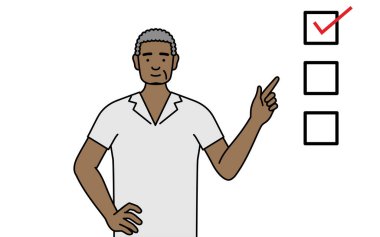 Afrikalı kıdemli bir adam vektör illüstrasyonunda bir listeye işaret ediyor