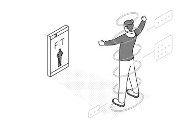 DX 'in görüntüsü, vücut ölçülerini akıllı telefonunun kamera fonksiyonuyla ölçmek için uygulama kullanan bir adam, Vector Illustration