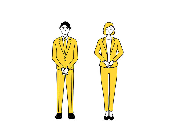 Простая линия рисунок иллюстрации бизнесмена и бизнесвумен в костюме слегка поклон.