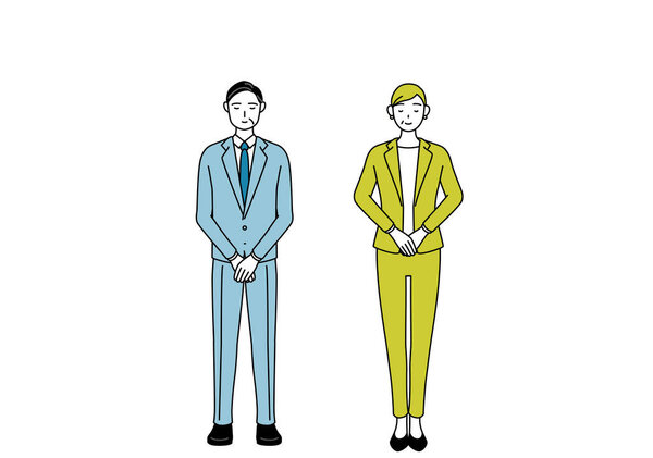 Простая линия рисунка иллюстрации бизнесмена и предпринимательницы (старший, исполнительный, менеджер) в костюме легкой поклон.