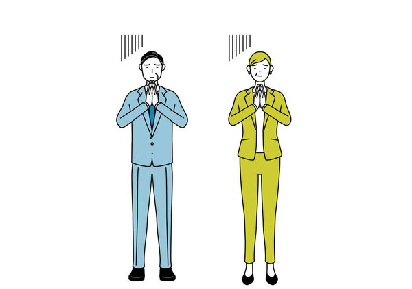 Simple line drawing illustration of businessman and businesswoman (senior, executive, manager) in a suit apologizing with his hands in front of his body.