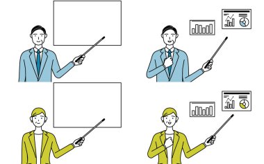 Takım elbiseli kadın ve erkeğin basit çizimi (orta yaşlı, başkan, yönetici), toplantı ve sunum
