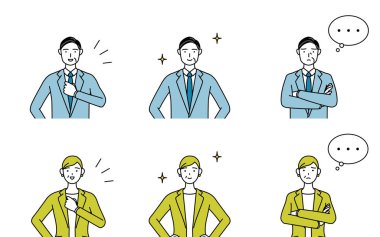 Takım elbiseli kadın ve erkeğin basit çizimi (orta yaşlı, başkan, yönetici), elleri sıkıntının ve göğüs darbesinin ya da göğüs gerilmesinin çaprazlanması ile ayarlanmış