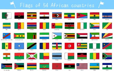 Dünya Bayrağı, 54 Afrika ülkesinden oluşan, elle boyanmış bir set, Vektör İllüstrasyonu