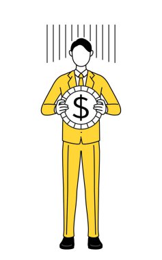Takım elbiseli bir işadamının basit bir çizimi, bir döviz kurunun görüntüsü ya da dolar kaybı.