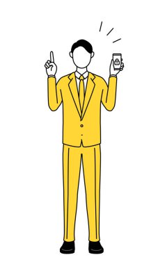 Simple line drawing illustration of a businessman in a suit taking security measures for his phone. clipart