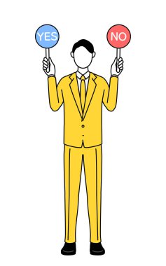 Takım elbiseli bir işadamının düz çizgi çizimi doğru ve yanlış cevapları gösteren bir çubuk tutuyor..