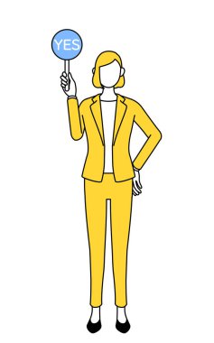 Takım elbiseli bir iş kadınının, doğru cevabı gösteren yumuşak bir sopayla basit bir çizimi..