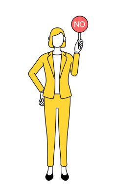 Takım elbiseli bir iş kadınının basit çizimi. Elinde yanlış cevapları gösteren ama çubuğu var..