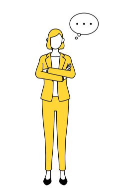 Takım elbiseli bir iş kadınının basit çizimi, kollarını kavuşturmuş,.