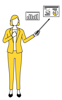 Takım elbiseli bir kadının basit bir çizimi. Performans grafiğini analiz ediyor. DXing 'in bir resmi..