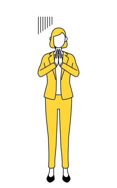 Simple line drawing illustration of a businesswoman in a suit apologizing with his hands in front of his body.