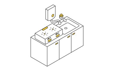 Ev tadilatı, eski su ısıtıcısı mutfağı, basit izometrik çizimler, Vektör İllüstrasyonu