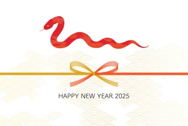 Yılan 2025 yılı için basit bir yılbaşı kartı, mizuhiki ve kırmızı yılanlı Japon desenli arkaplan, Vektör Çizimi