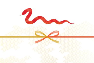 Yılan 2025 yılı için basit bir yılbaşı kartı, mizuhiki ve kırmızı yılanlı Japon desenli arkaplan, Vektör Çizimi