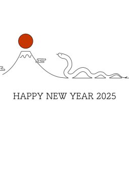 Yılan 2025 yılı için basit bir yılbaşı kartı. Dalgalanan yılan, Mt. Fuji ve yılın ilk gün doğumu çeviri:.