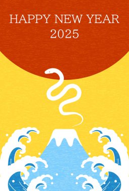 Yılan 2025 yılı için şirin bir yılbaşı kartı. Beyaz yılan, Mt. Fuji, ilk gün doğumu ve dalgalar, Vektör İllüstrasyonu