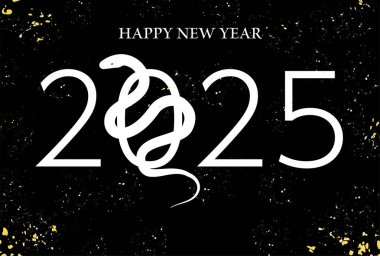 Yılan 2025 yılının yeni yıl kartı, yılan silueti ve 2025 kelimesi, siyah arkaplan, vektör illüstrasyonu