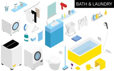 Isometric illustration of bath and laundry supplies needed for new life, Vector Illustration clipart