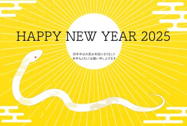 Yılan 2025 yılı için yeni yıl kartpostalı, yeni yılın gün doğumu ve beyaz yılan, yeni yılın kartpostal malzemesi..