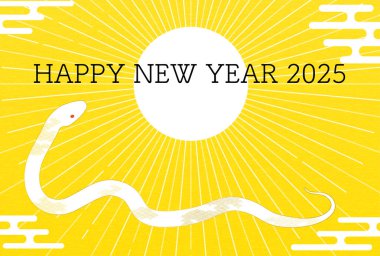 Yılan 2025 yılı için yeni yıl kartpostalı, yeni yılın gün doğumu ve beyaz yılan, yeni yılın kartpostal malzemesi..