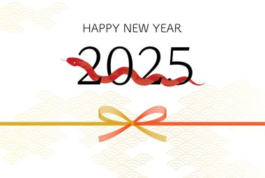 Yeni Yılan Yılının 2025 yılı kartı, kırmızı yılan ve mizuhiki 2025 numaralı kartpostal ile iç içe geçmiş..
