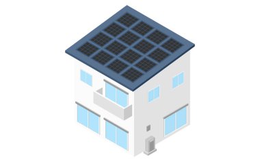 Ev yenileme, fotovoltaik enerji üretimi için güneş panelleri olan ev, izometrik illüstrasyon, Vektör İllüstrasyonu