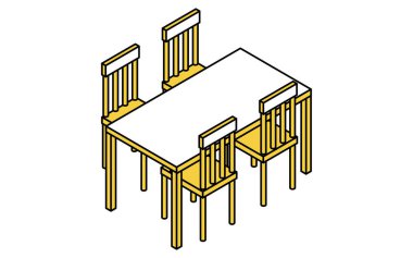 İç mekan: Yemek masası ve sandalyeler, izometrik illüstrasyon, Vektör İllüstrasyonu