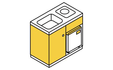 Stüdyo Kiralama: Mini buzdolabı olan mutfak (IH sobası), izometrik illüstrasyon, Vector Illustration