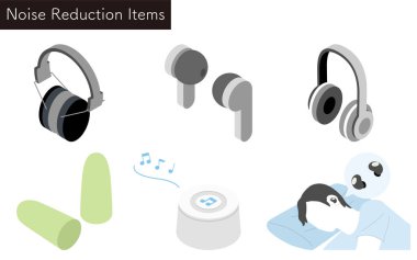 Illustrated set of user-friendly noise-reducing products - Translation: Easy-to-use noise reduction products clipart