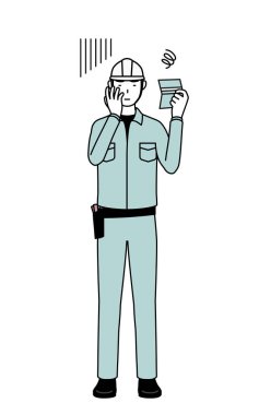 Kasklı ve iş elbiseli bir adam banka defterine bakıyor ve kendini depresyonda hissediyor, Vector Illustration