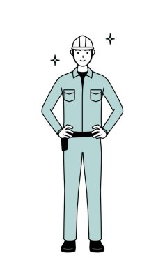 Miğferli ve iş kıyafetli bir adam, elleri kalçasında, Vector Illustration
