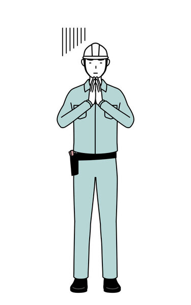 Man in helmet and workwear apologizing with his hands in front of his body, Vector Illustration