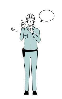 Miğferli ve iş elbiseli kadın mühendis akıllı telefon kullanıyor, Vector Illustration