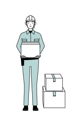 Miğferli ve iş elbiseli kadın mühendis karton kutular taşımaya çalışıyor, Vektör İllüzyonu