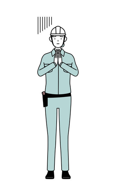 Female engineer in helmet and work wear apologizing with her hands in front of her body, Vector Illustration