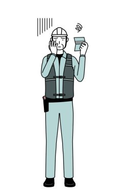 Başlık ve iş kıyafetleri içinde kıdemli erkek mühendis banka defterine bakıyor ve depresyonda, Vector Illustration